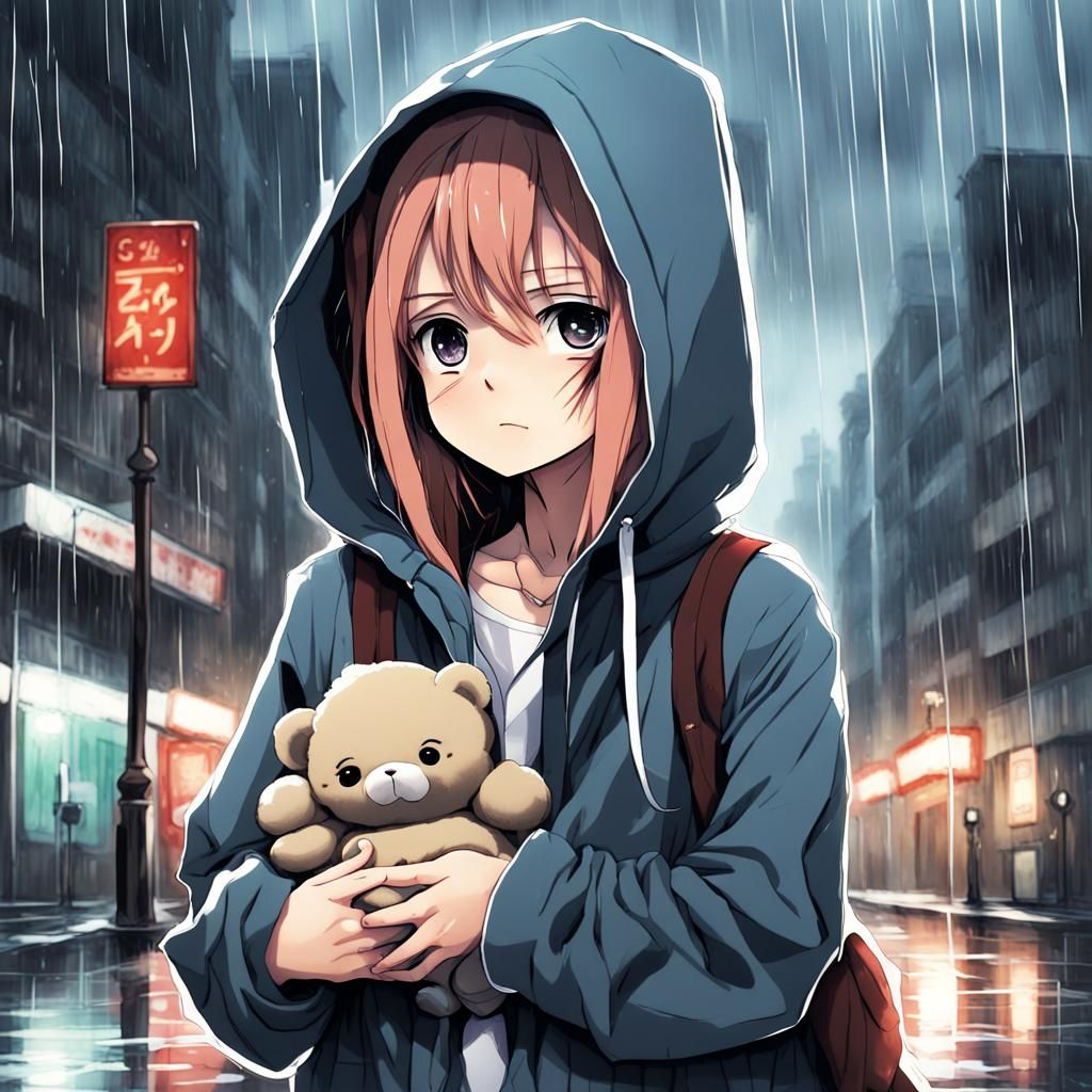 Orphan Girl in Rain: Manga Style Illustration
