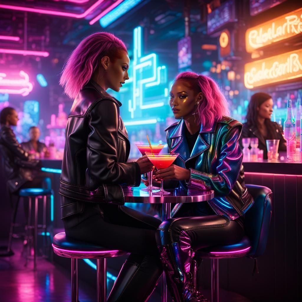 Futuristic Bar Scene with Two Red-Haired Women