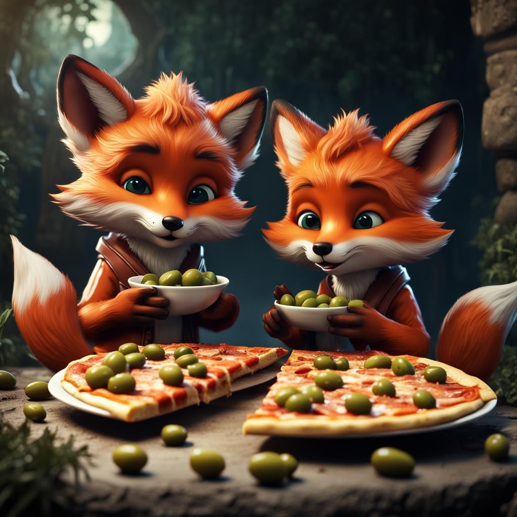 Fox Cubs Enjoying Pizza: Detailed Matte Painting
