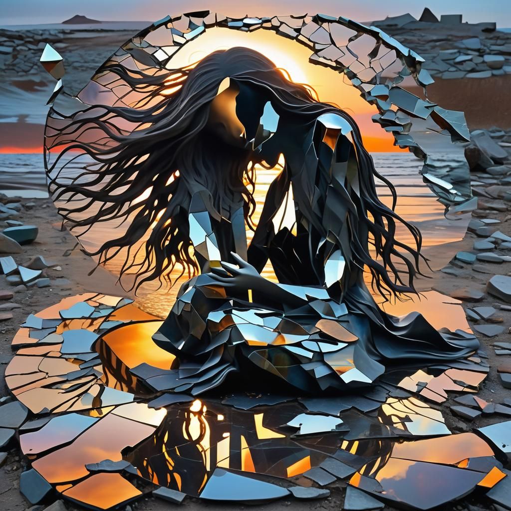 Surreal Fragmented Sculpture of Woman at Sunset