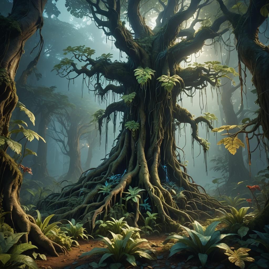 Lush Plants with Glowing Roots in Misty Forest