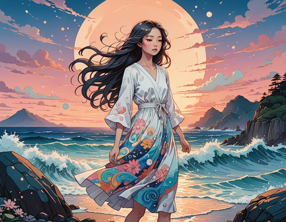 Whimsical Girl in Vibrant Dusk Landscape