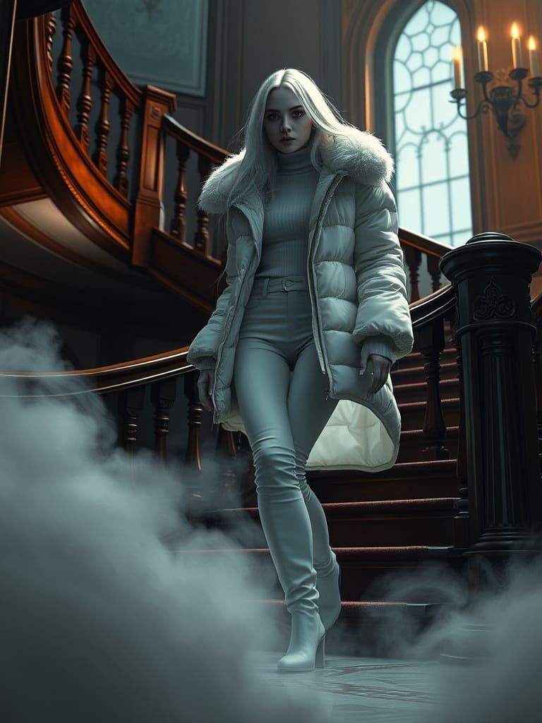 Ethereal Ghost Descends Victorian Mansion Staircase