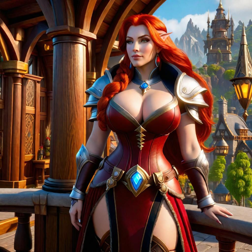 Redhead Woman Stands Before Epic Warcraft Inn