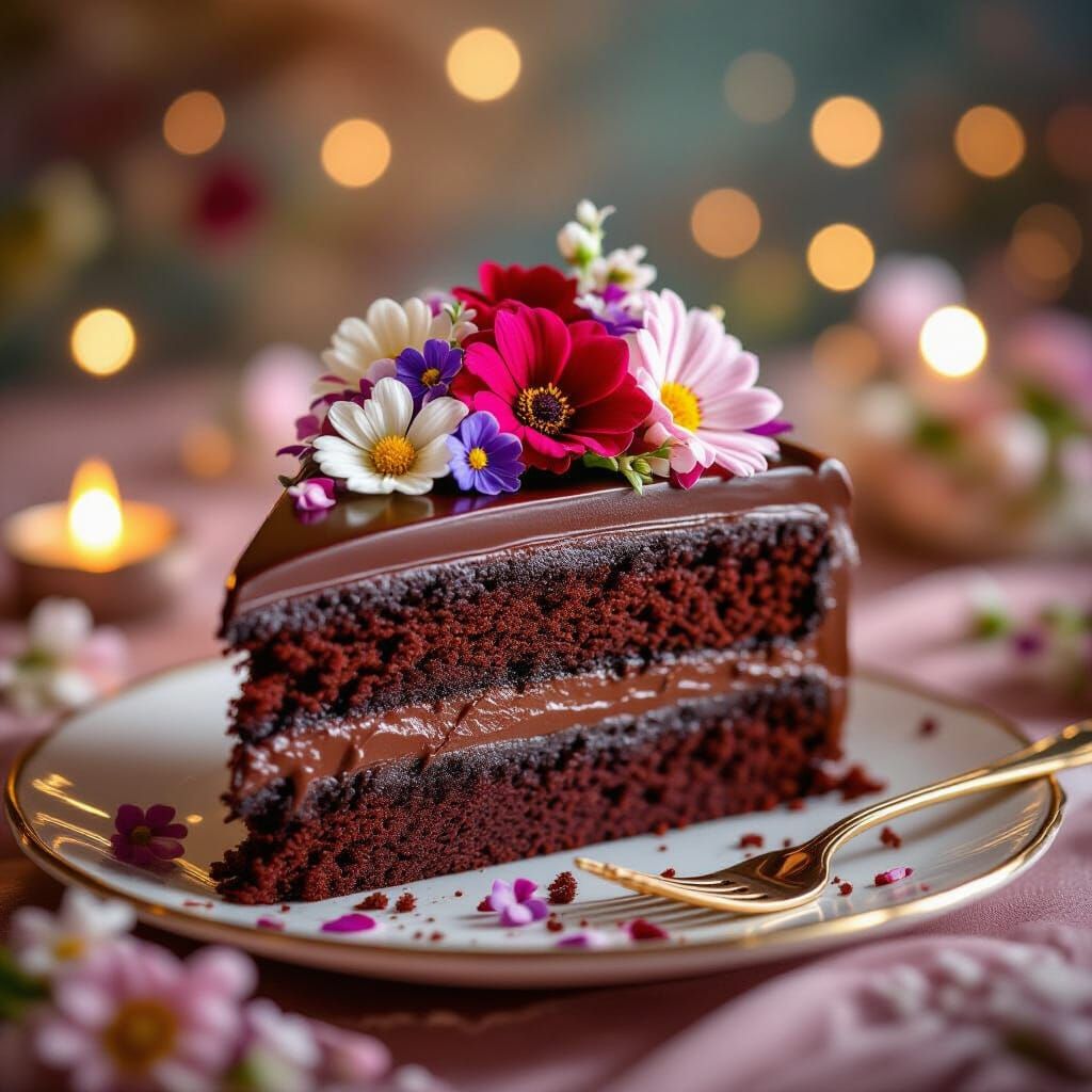 Decadent Chocolate Cake Slice with Edible Flowers