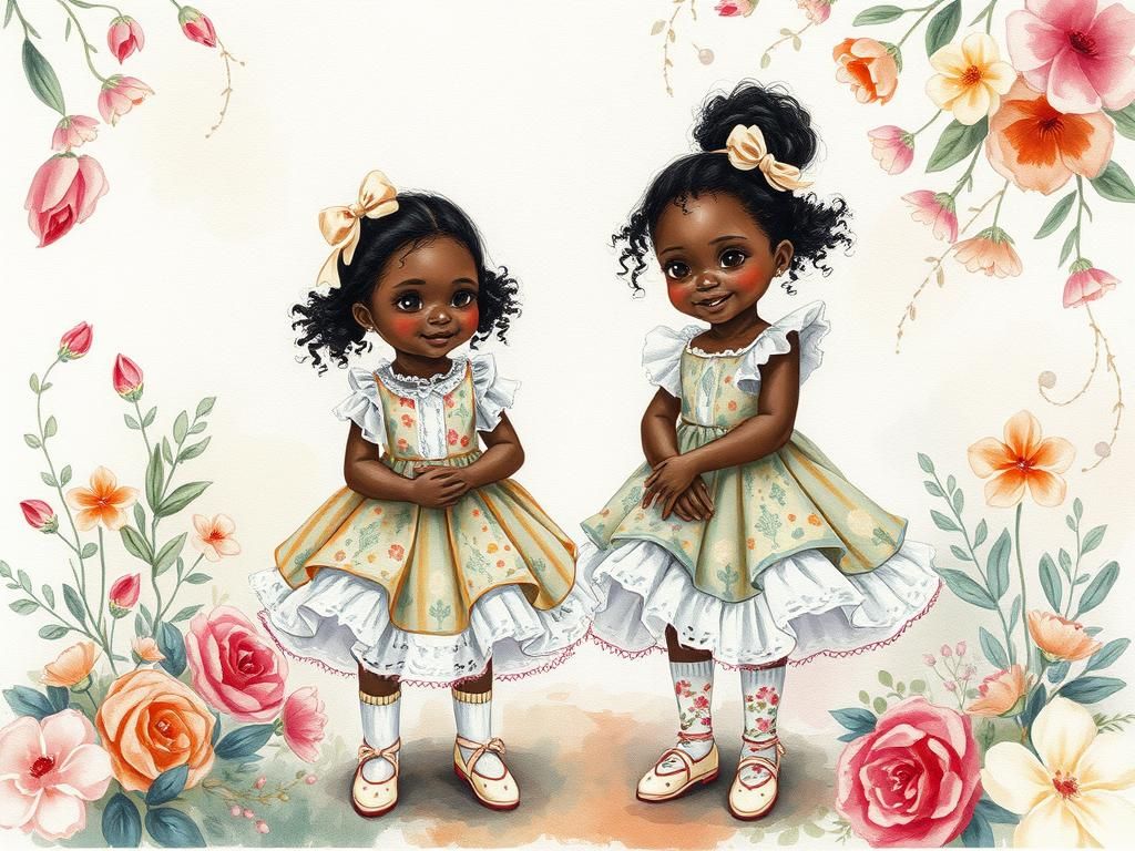 Expressive Watercolor of Mischievous Girls in Folk Art Style