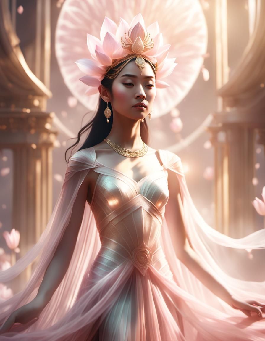 Asian Girl in Lotus Gown: Cinematic Digital Art