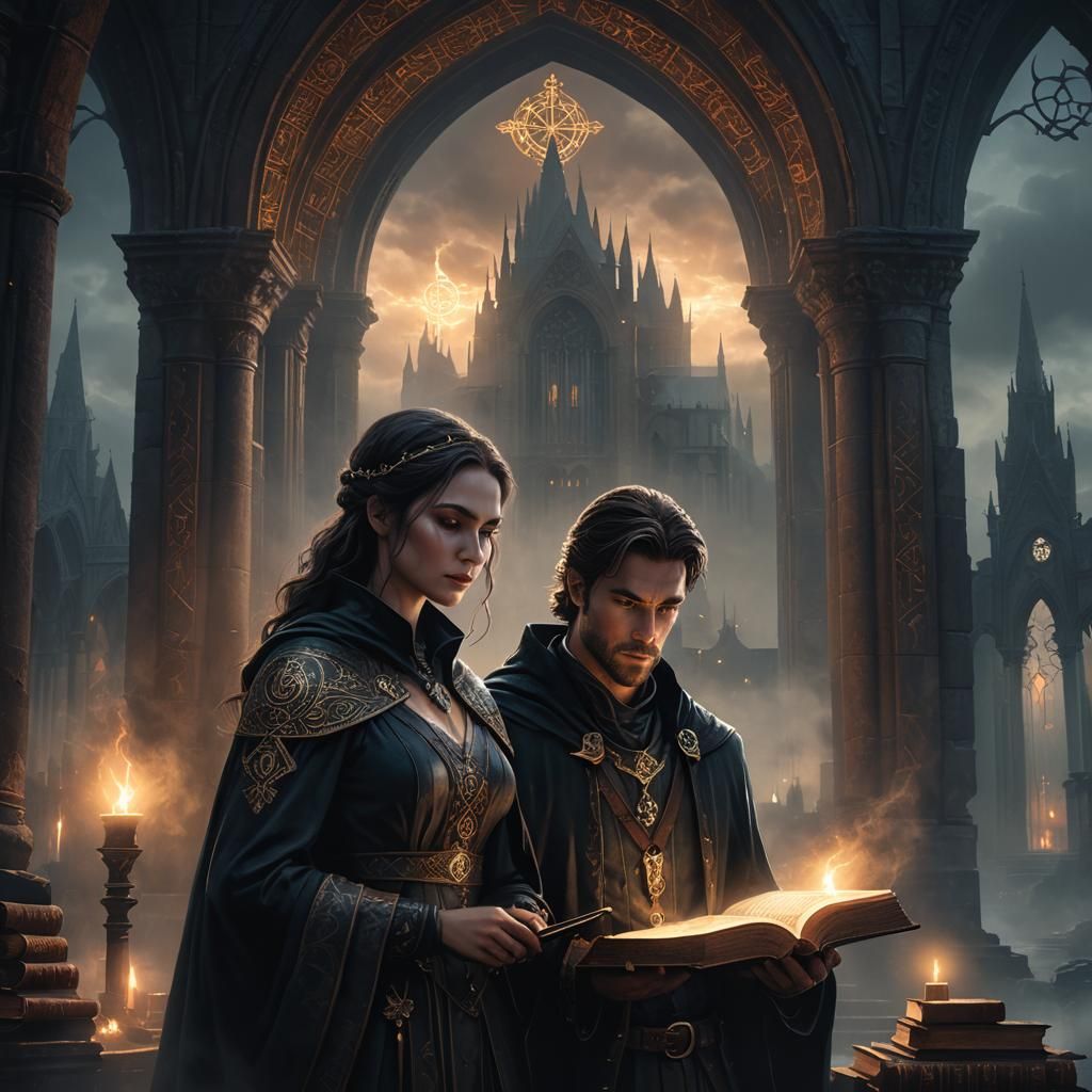 Mysterious Figures Guard a Runed Book in Dark Fantasy