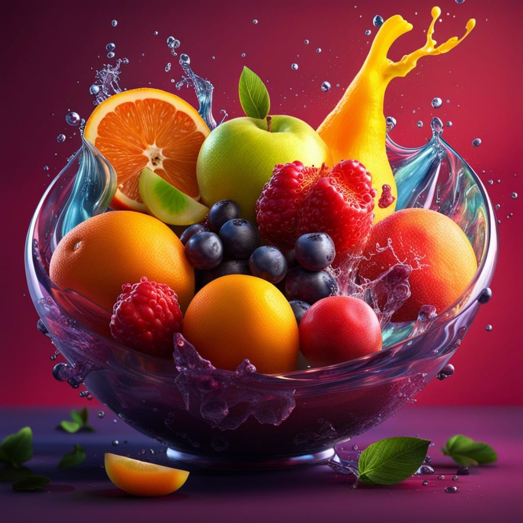 Hyperrealistic Bowl of Juicy Fruits Splash Art