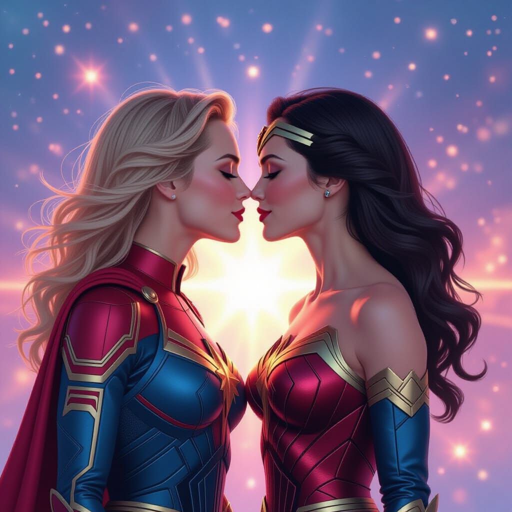 Captain Marvel and Wonder Woman Kiss in Cosmic Art