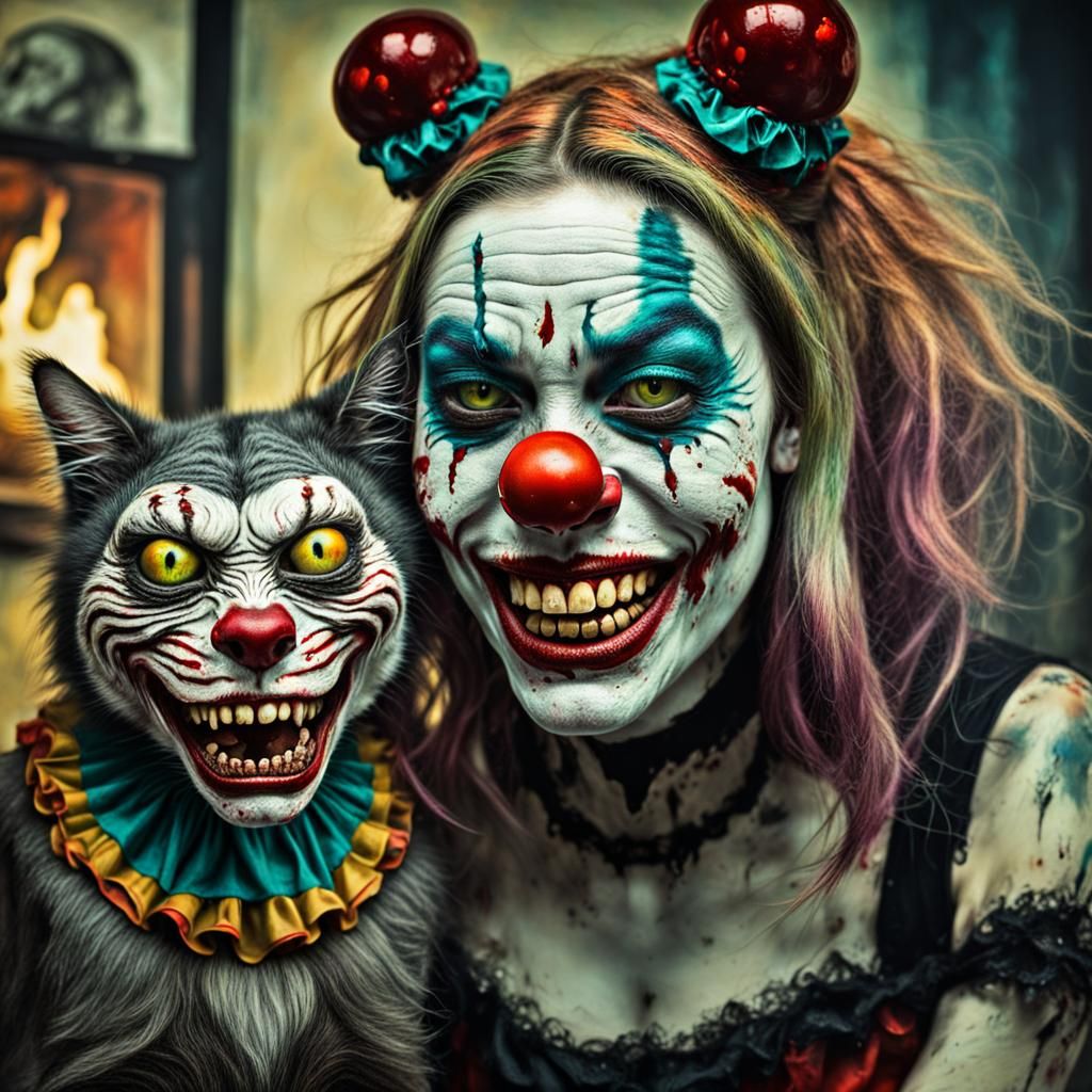 Surreal Zombie Clown Girl and Cat, Dali Style