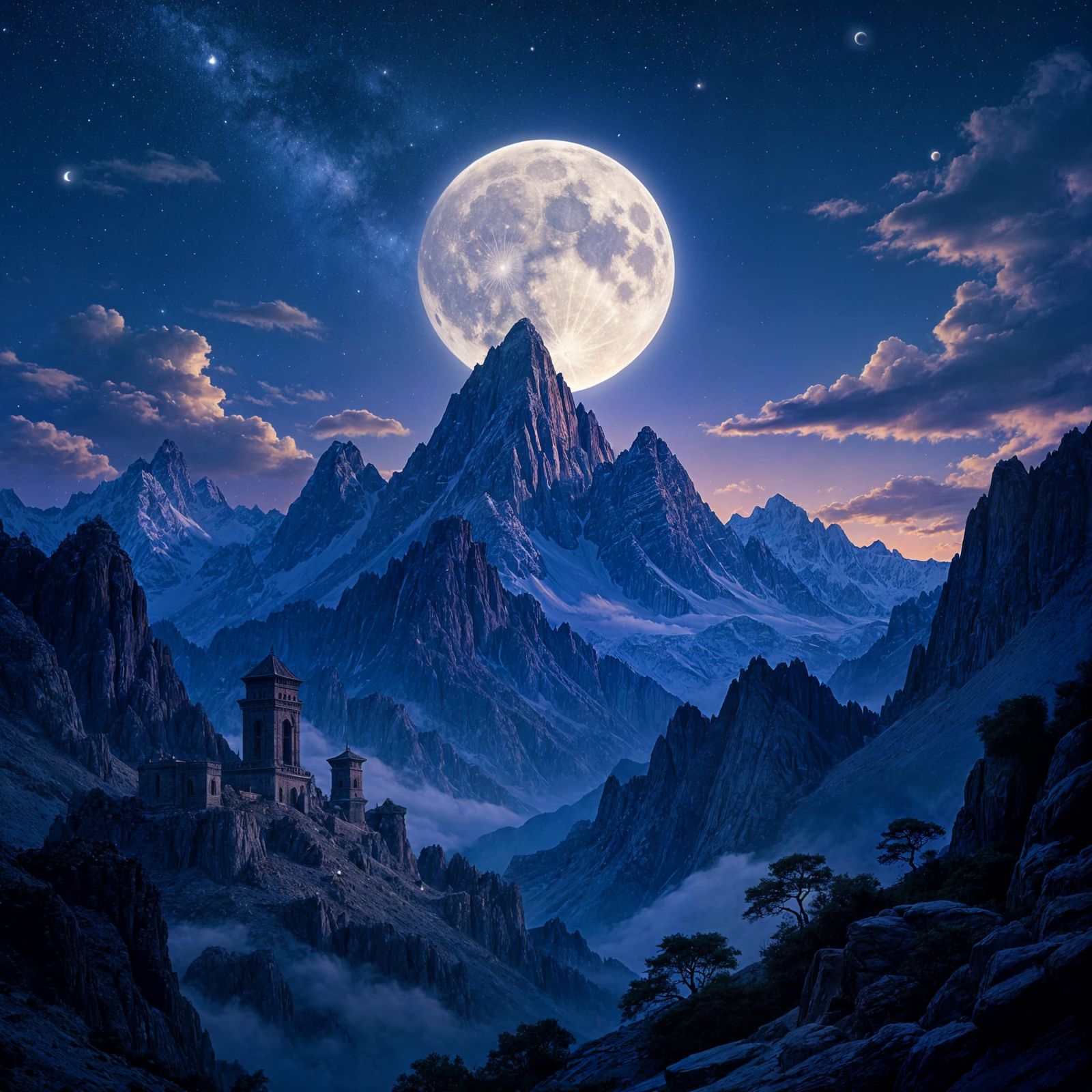 Majestic Mountain Range at Twilight with Ancient Ruins