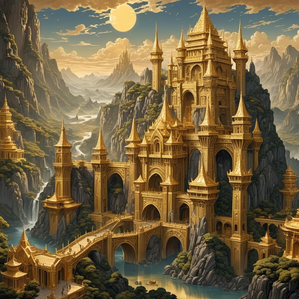 Golden Celestial Citadel: 3D Anime Art