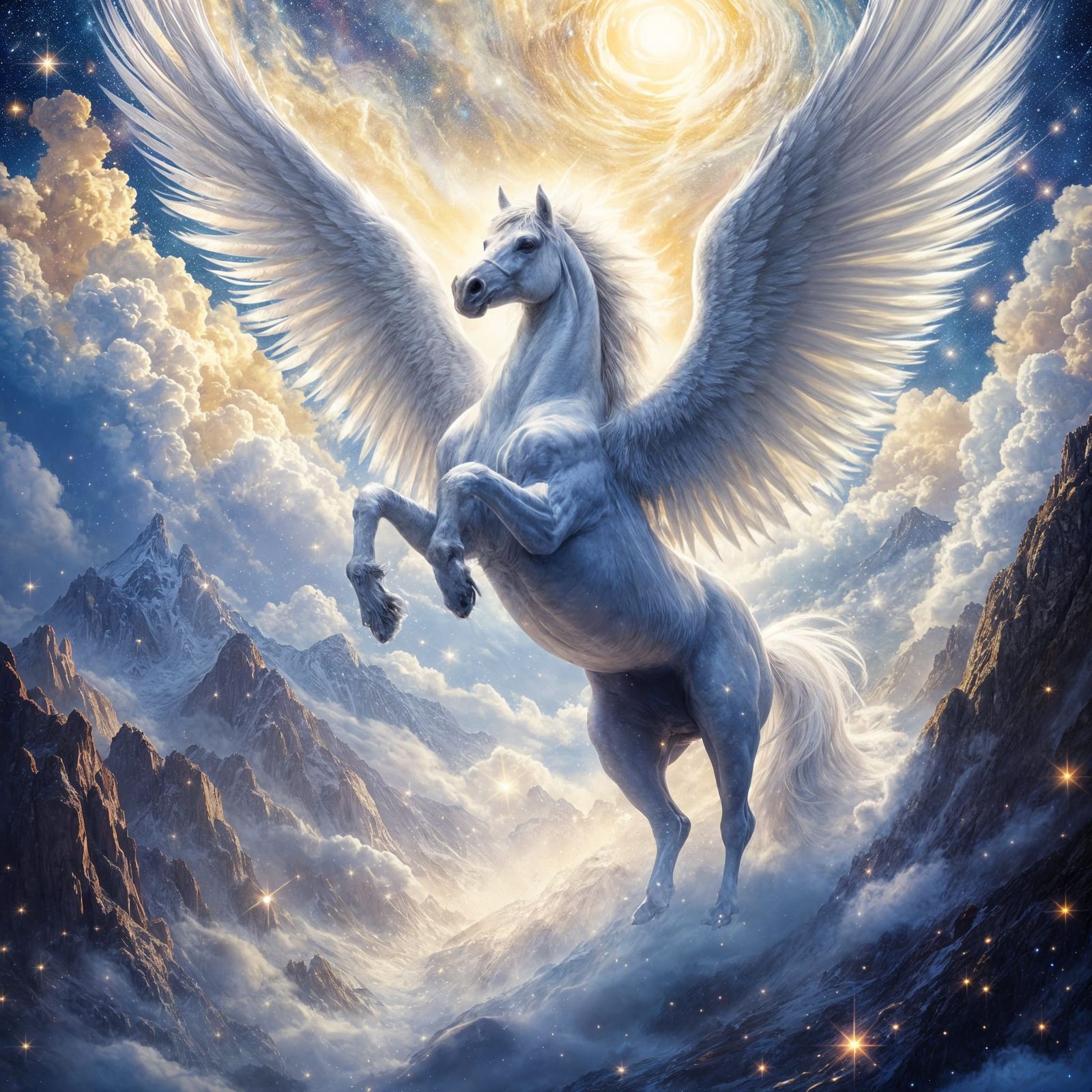 Majestic Pegasus Rearing on a Swirling Galaxy