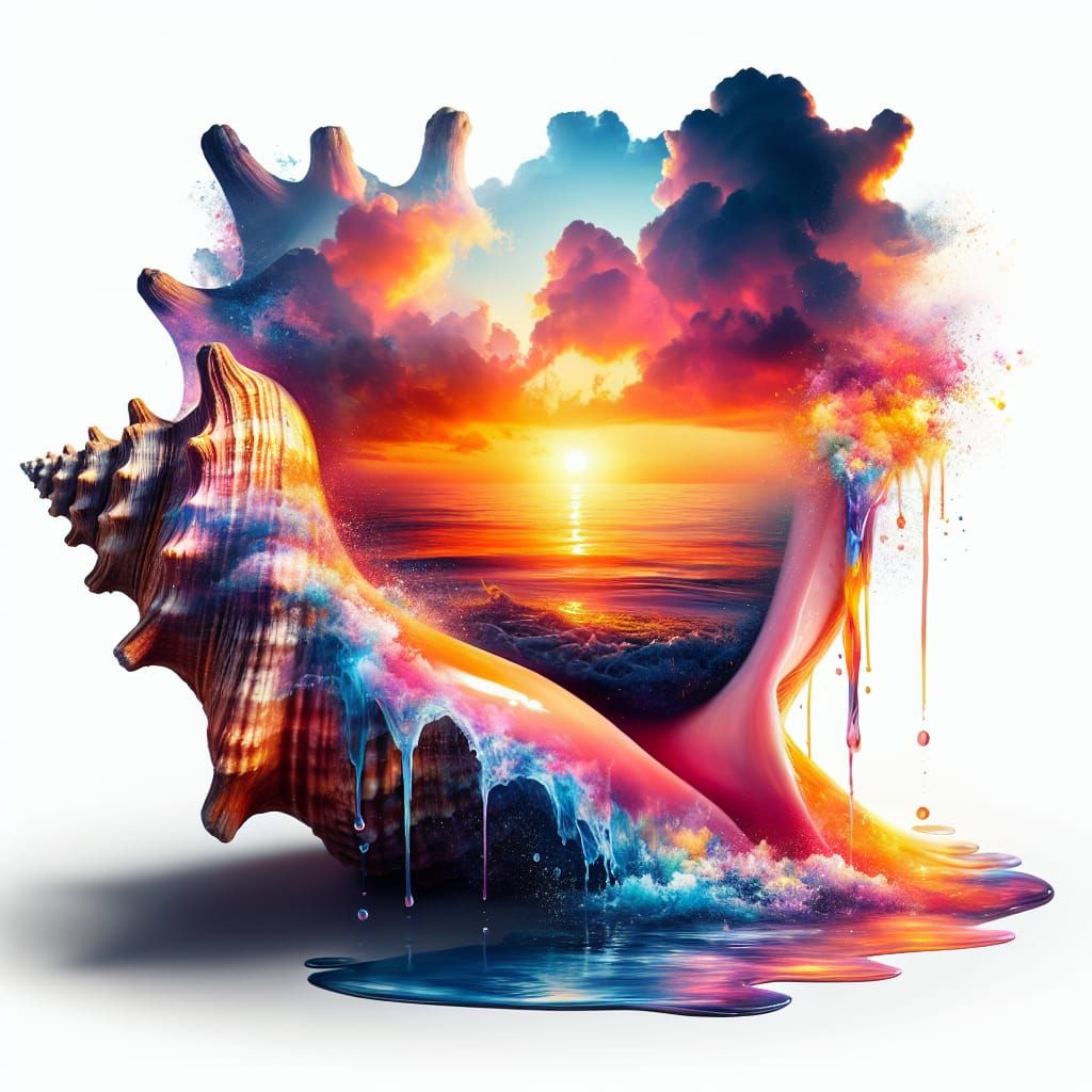 Double Exposure Shell with Impressionist Sunset