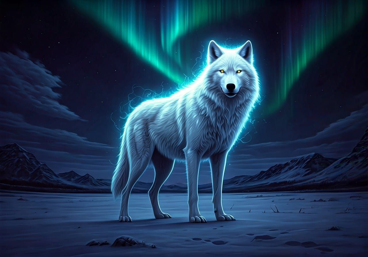 Ethereal Fenris Wolf in Winter Landscape with Aurora