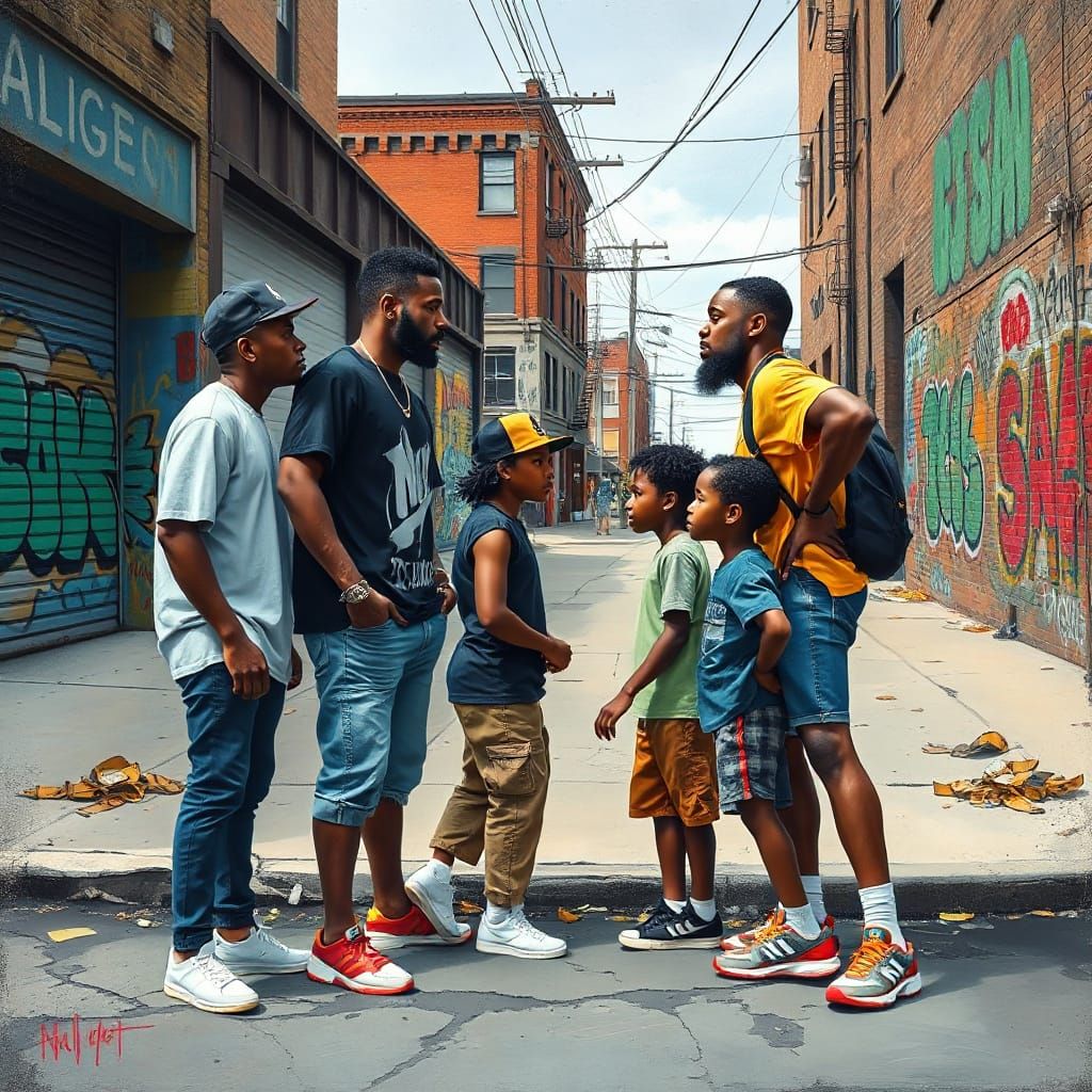 Urban Streetwear Standoff in Gritty Realism Style