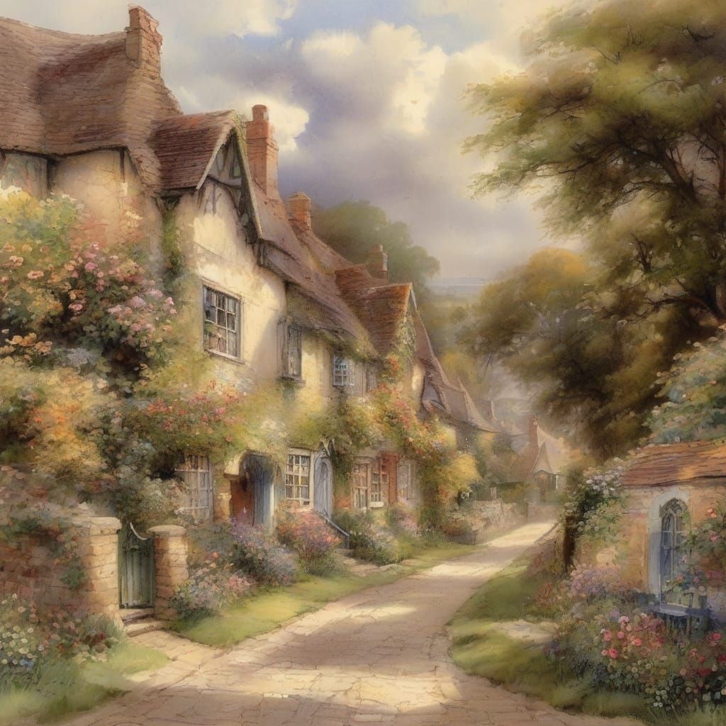 Charming English Village Scene with Mediaeval Church and Tea...