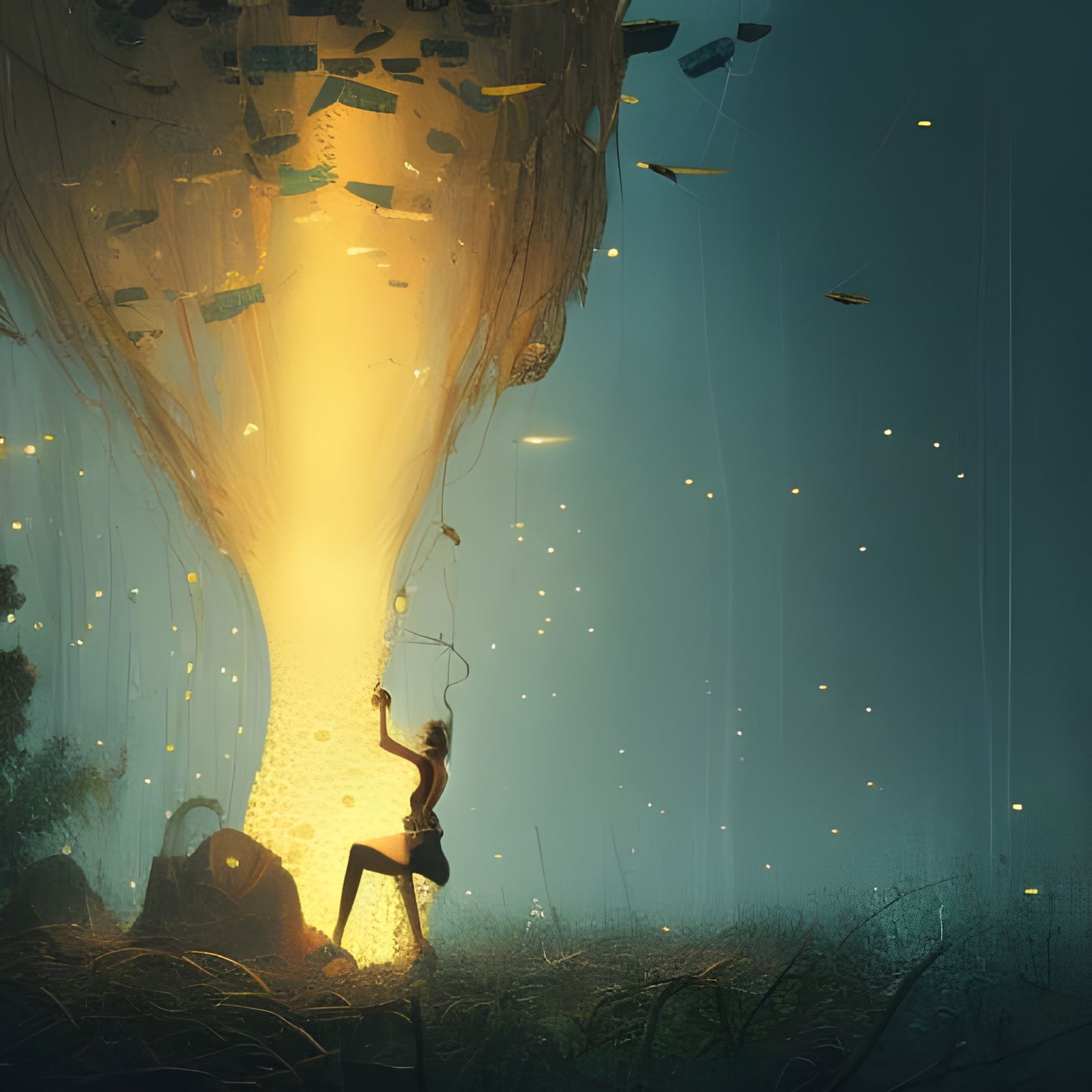 Giant Fireflies in Glass Jar: Dark Fantasy Art