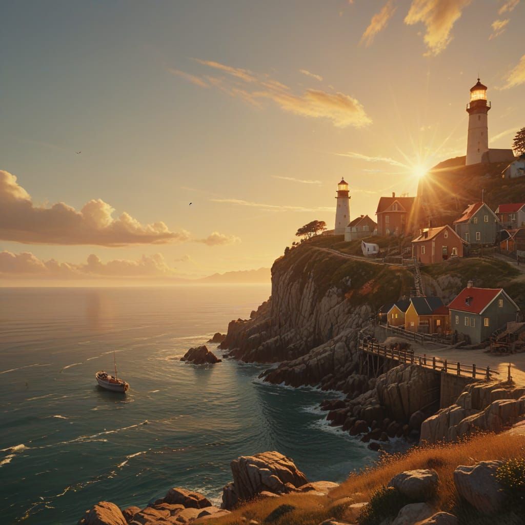 Coastal Village Sunset: Vibrant Oil Painting with Lighthouse