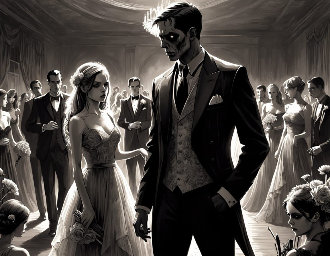Zombie Apocalypse Prom Night in Pencil Sketch Style