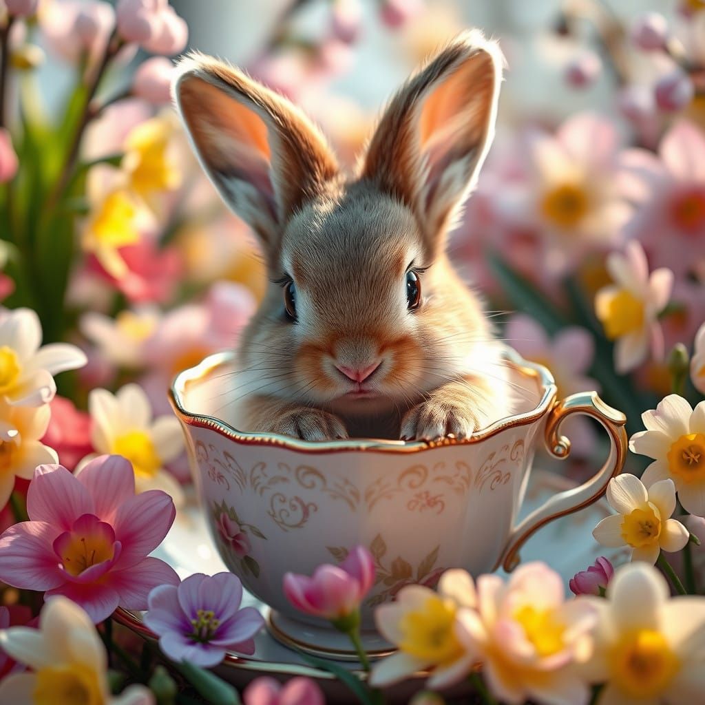Whimsical Bunny in Antique Teacup Amidst Spring Flowers