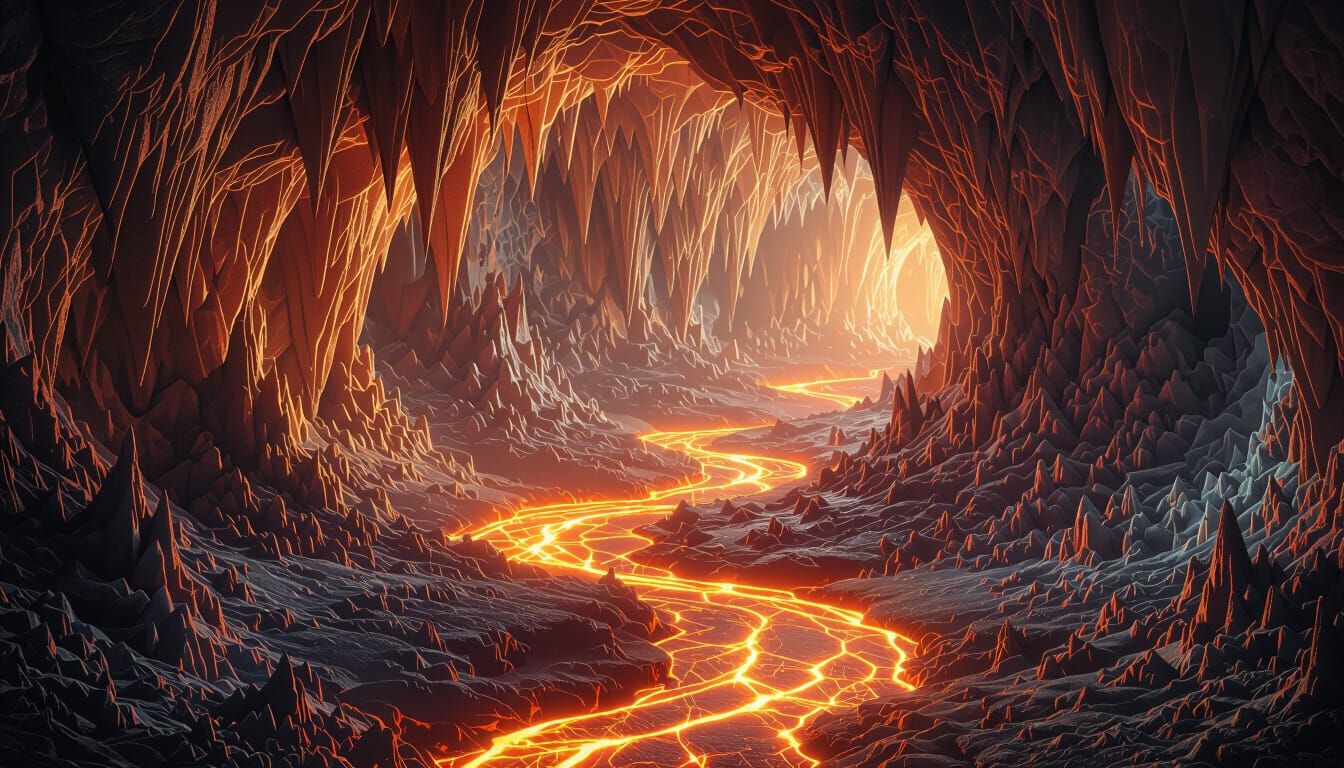 Molten Lava River in Fractal Stalactite Cave