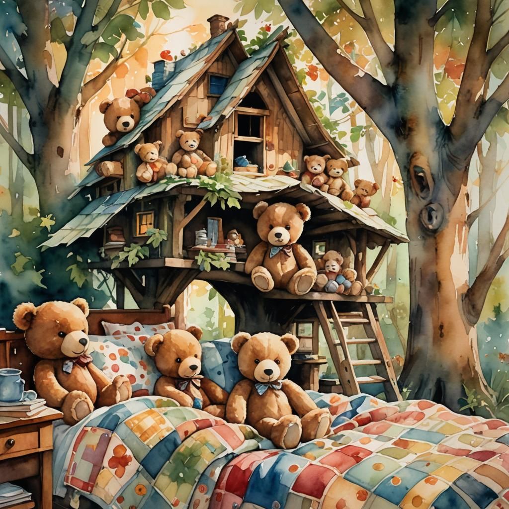 Teddy Bears' Cozy Treehouse: Whimsical Watercolor