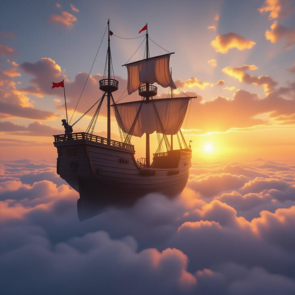 Massive Wooden Ship Sails Above Clouds in Golden Sunset