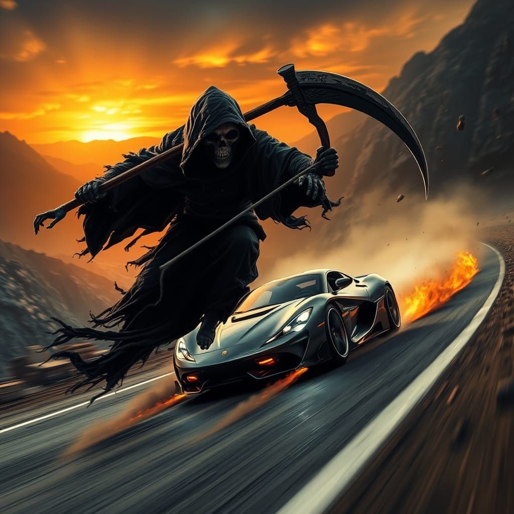 Grim Reaper Chases Supercar in Apocalyptic Sunset