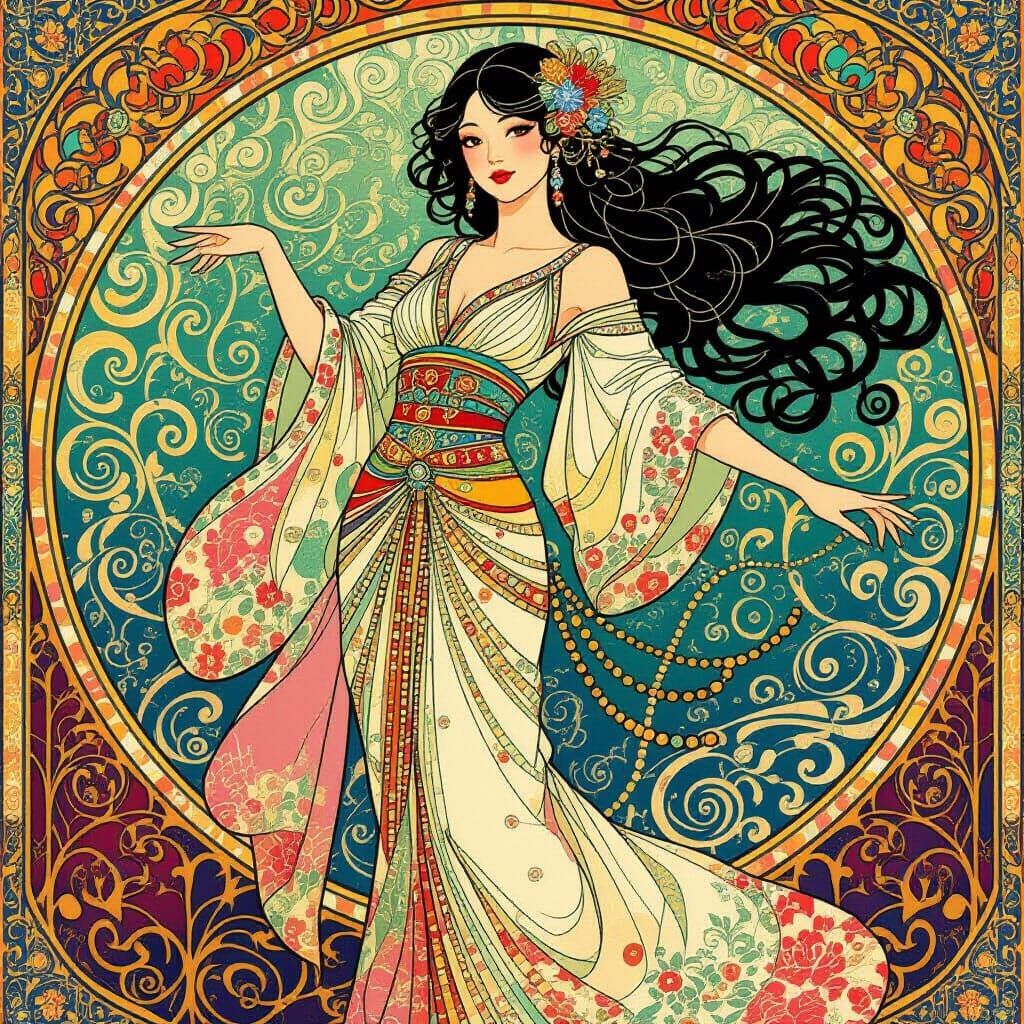 Beaded Woman Portrait in Art Nouveau Style