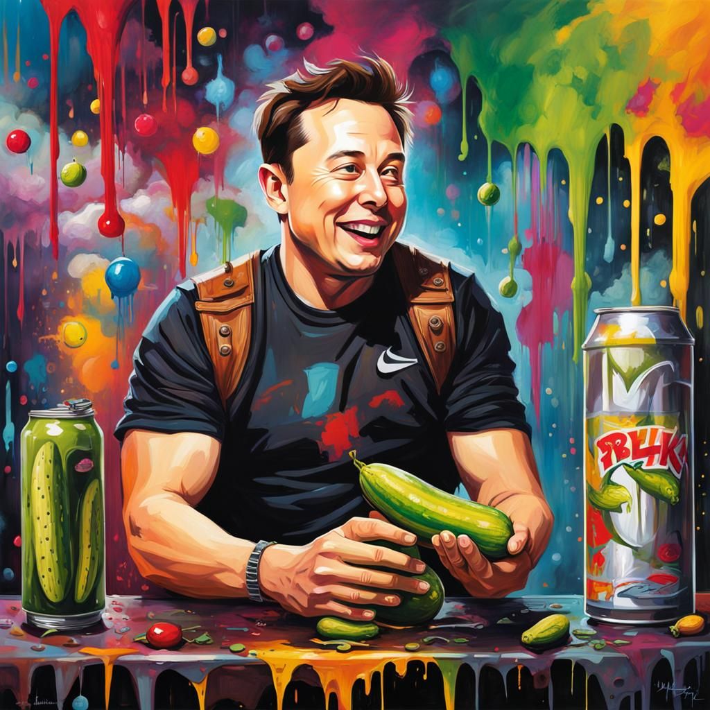 Elon Musk Eating Pickle in Kilt: Graffiti Art