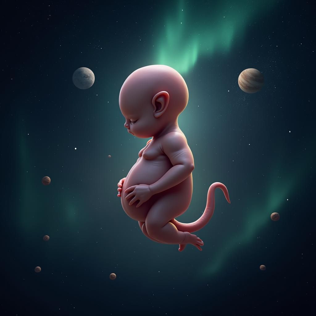 Alien Fetus in Cosmic Sky: Realistic Photograph