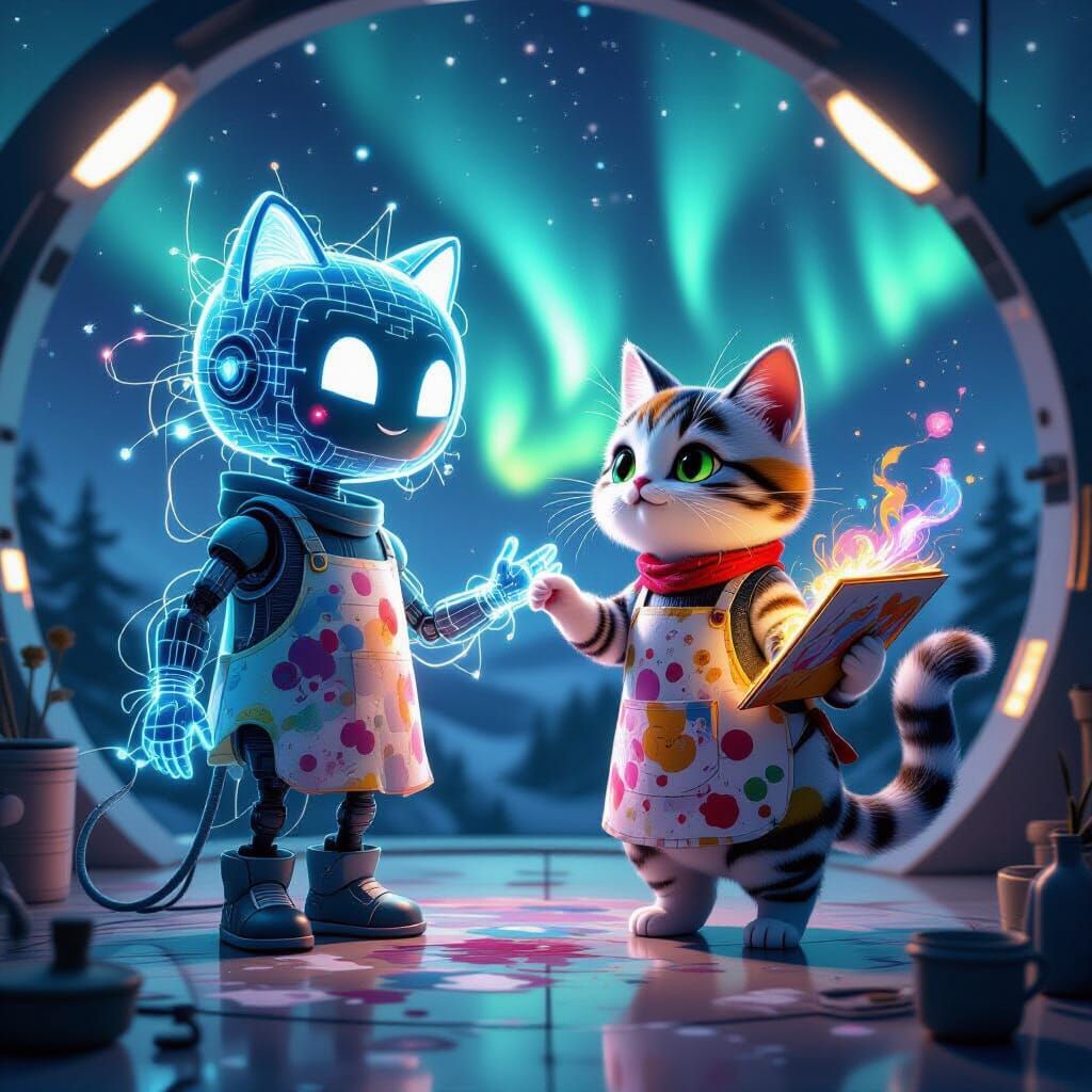 AI and Cat Artist Friendship in Ethereal Studio