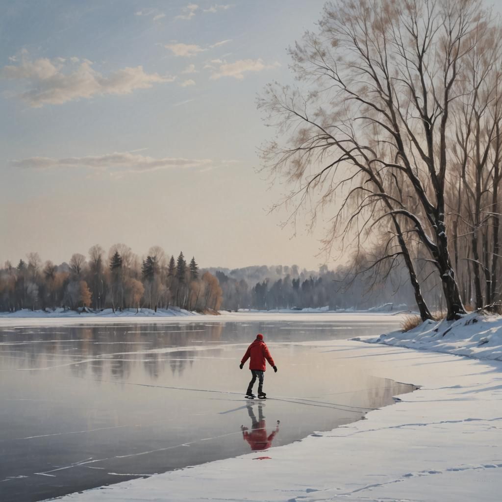 Solitary Skater on Frozen Lake in Winter Morning