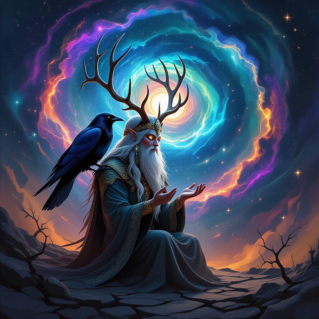 Völva Communing with Spectral Raven in Cosmic Vortex