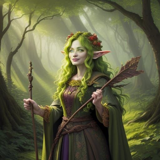 Mystical Green Lady Druid in Whimsical Fantasy Landscape