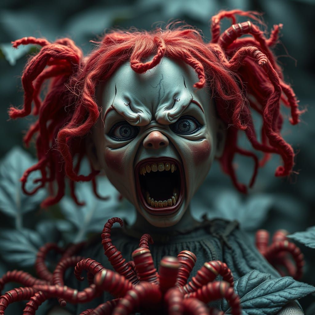 Surreal Doll Haunts Dark Forest in Intricately Detailed Pape...