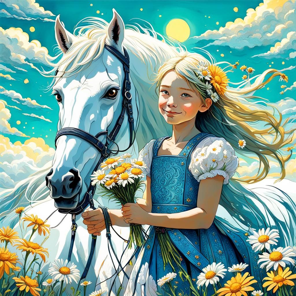 Girl Giving Flowers to Horse: Manga Art Style