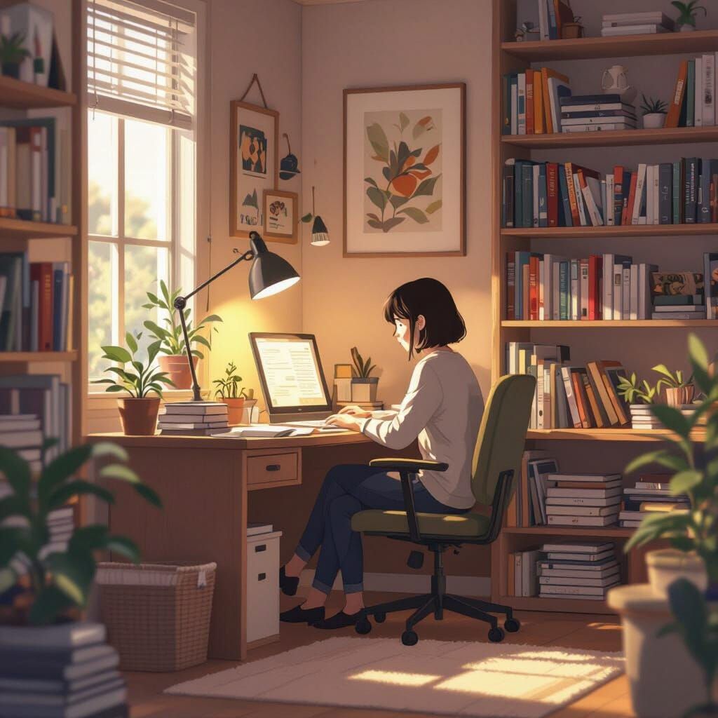 Cozy Study Room with Warm Lighting, Serene Atmosphere