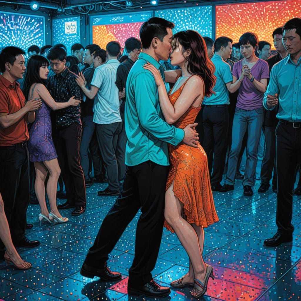 Dancing Couple in Vibrant Disco Lights