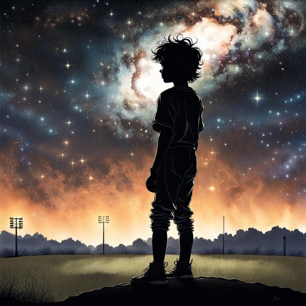 Boy on Mound Under Night Sky, Fantasy Art
