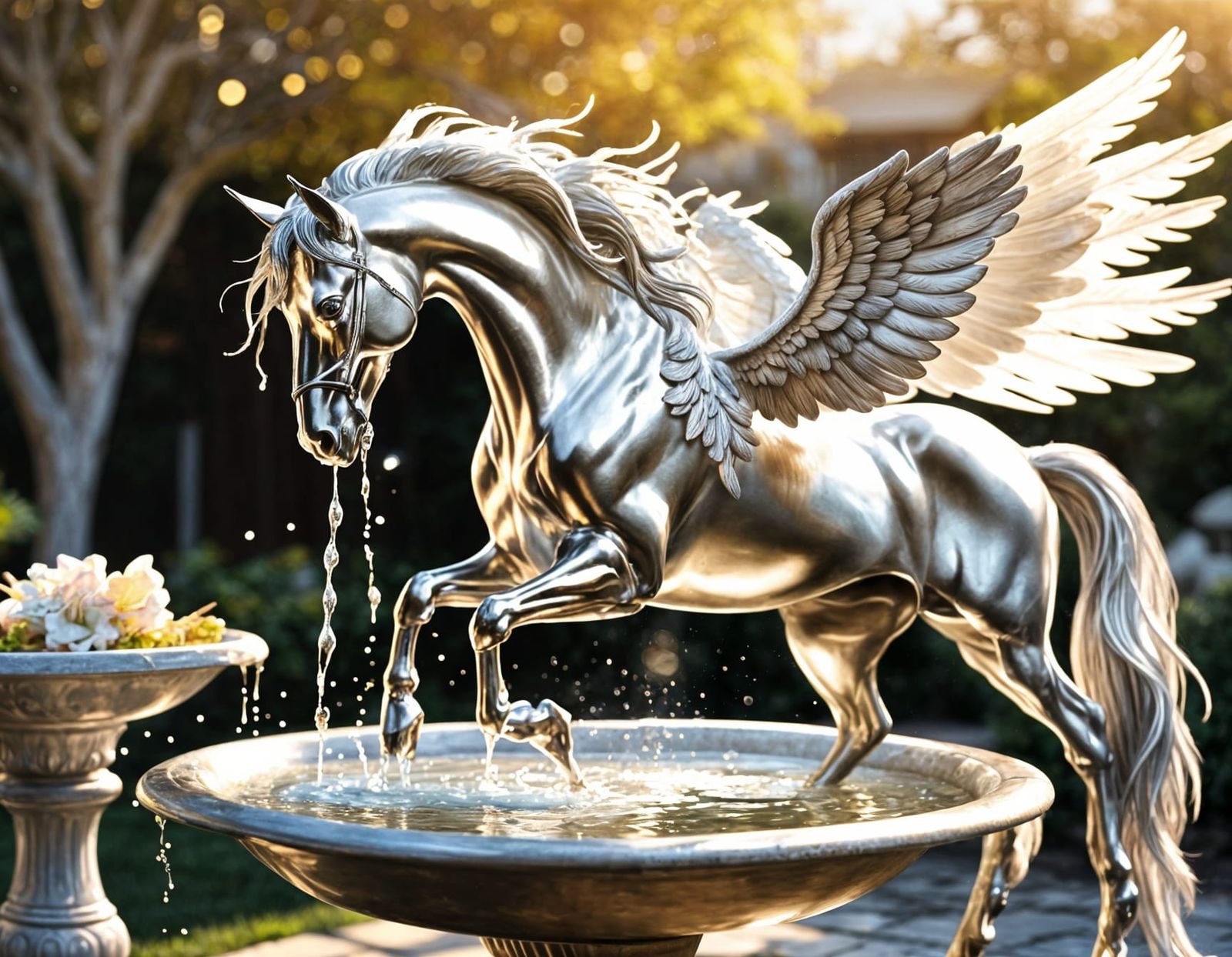 Silver Pegasus in Suburban Sunrise Scene