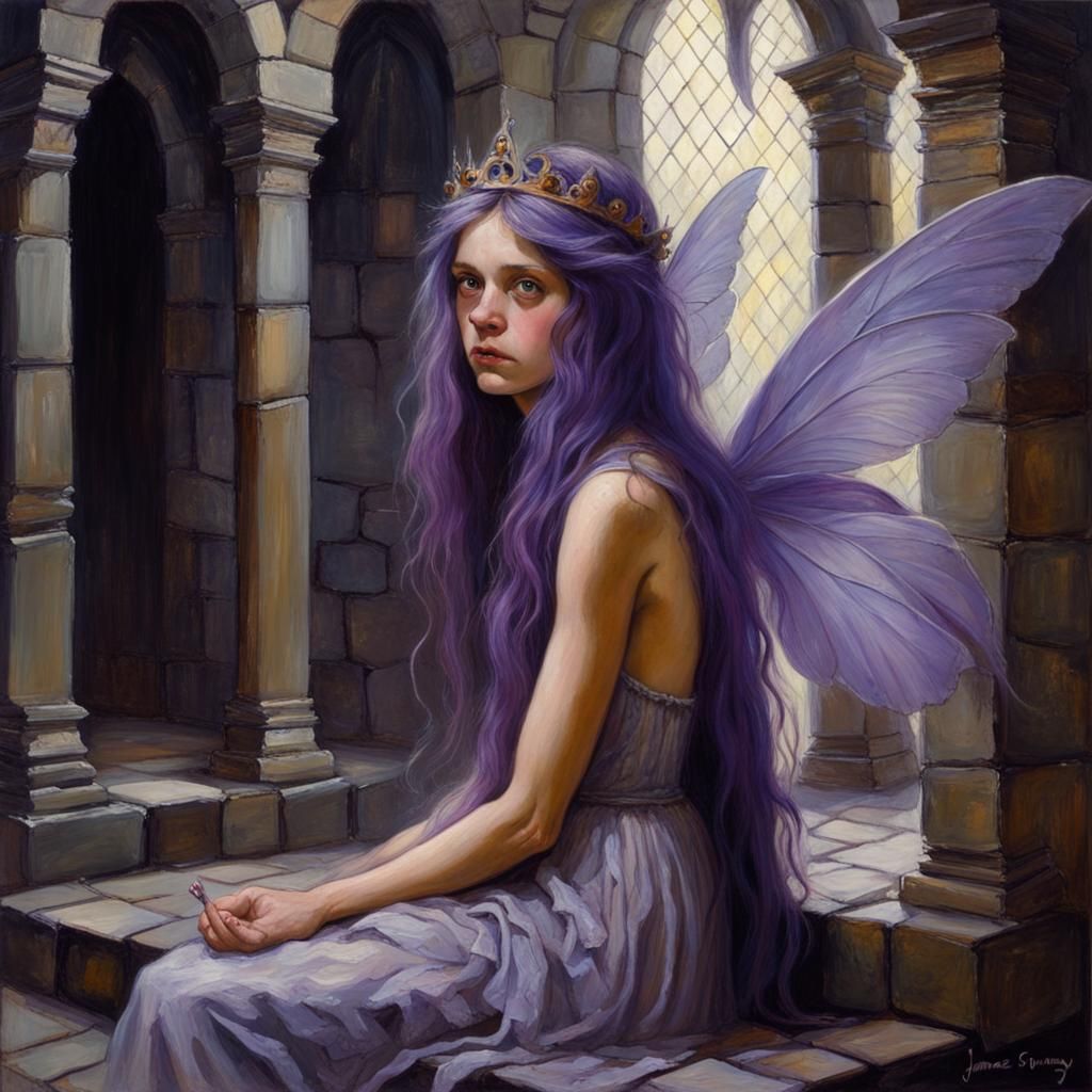 Sad Fairy Princess in Dark Castle Oil Painting