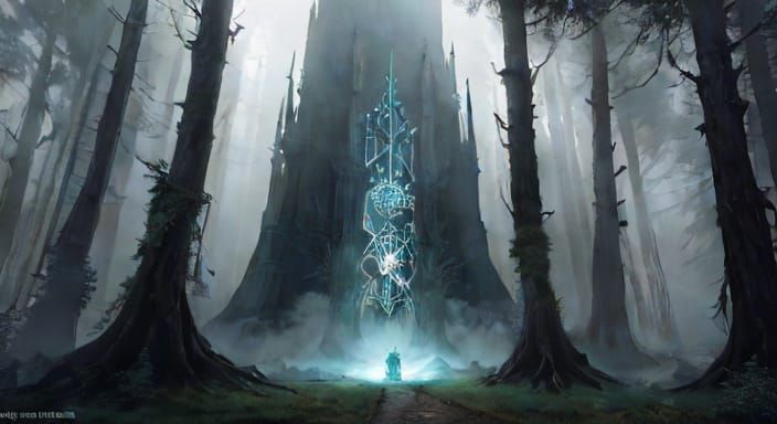 Ethereal Ghostly Figures in Foggy Enchanted Forest