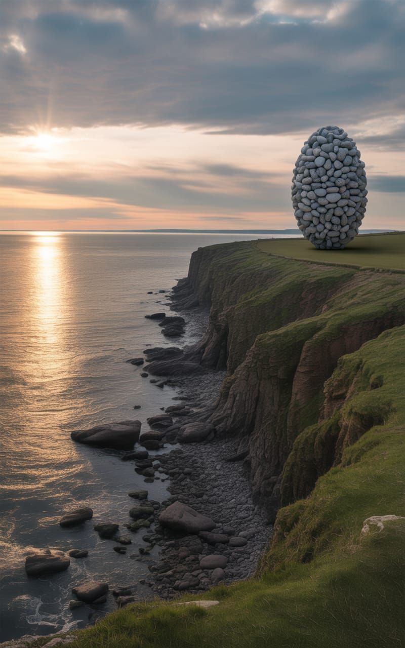 Tempestuousness in a Rock Lace Pebble 3D Collage Sculpture Under Knitted Living Clouds