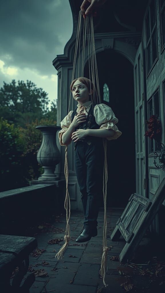 Gothic Puppet Lifted by Shadowy Hands in Ruined Mansion