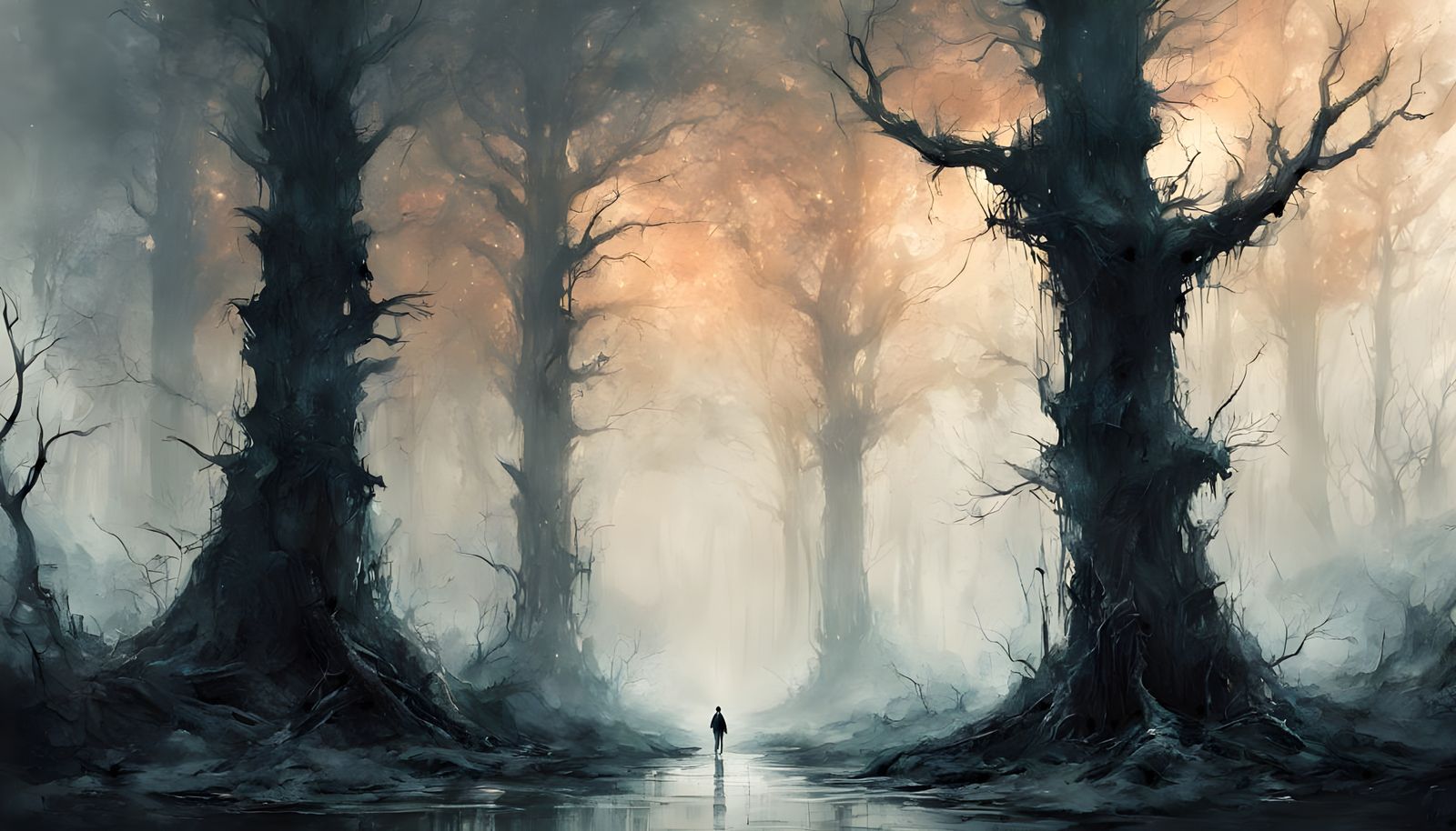 Eerie Foggy Forest with Monster Silhouette