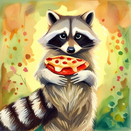 Raccoon Eating Pizza in Gouache Impressionist Style