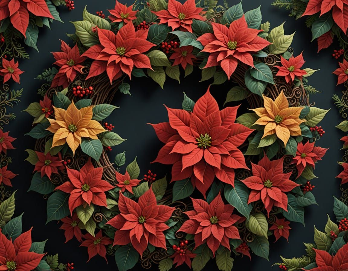 Bright Red Poinsettia Christmas Wreath with Intricate Detail...